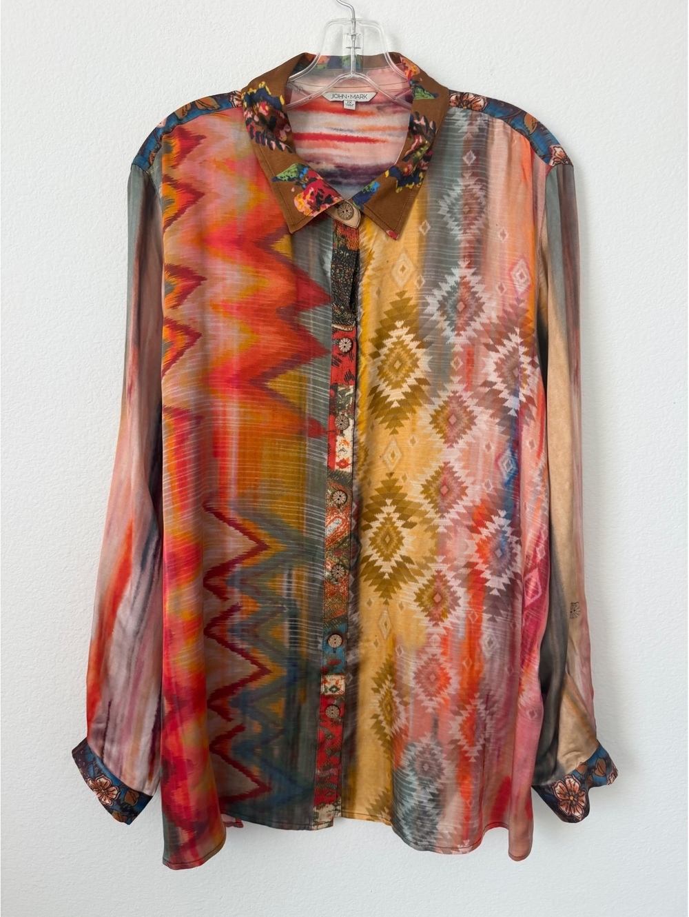 John Mark NWT Multicolor Abstract Long Sleeve Button Up Satin Boho Shirt Size 1X